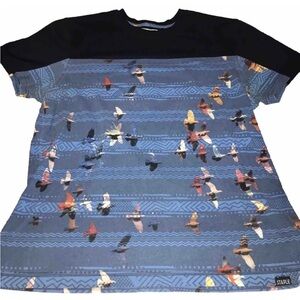 Staple blue T Shirt Birds Pigeons Aztec Color Block Geometric STRIPED Cotton MED